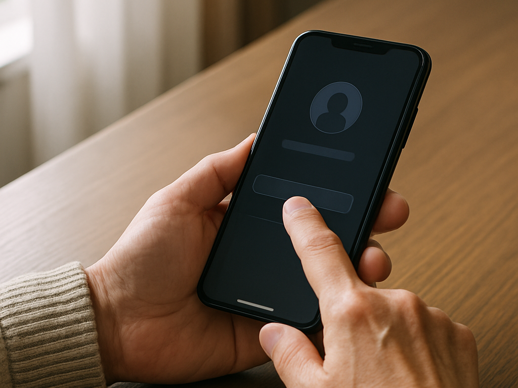 明るいリビングで黒いスマホを手に、0800など不明な着信に出るか迷う女性